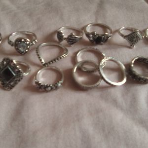 Set of 15 boho bohemian silver rings